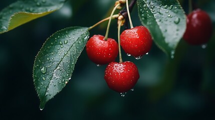 Obraz premium Close-up of ripe red cherries hanging from a branch after a rain shower with raindrops on the leaves and cherries.