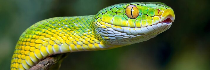 Obraz premium A tight shot of a green snake's head perched on a tree branch against hazy, blurred trees in the backdrop