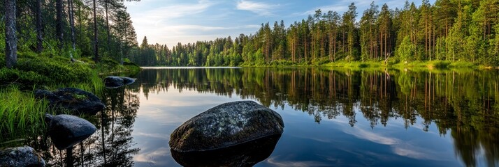  A sizable expanse of water is encircled by a lush forest, teeming with verdant grass and towering, foliage-rich trees