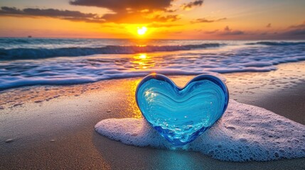 Fototapeta premium Glass Heart on Sandy Beach at Sunset