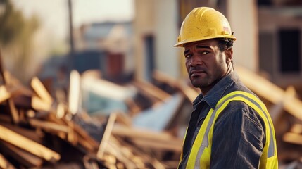 A resilient construction worker for disaster recovery and rebuilding scene, showing workers helping communities rebuild homes and infrastructure after natural disasters, 