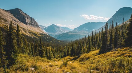 Obraz premium A remote wilderness scene, with mountains and forests stretching beneath a pristine clear sky, evoking a sense of solitude, peace, and untouched beauty