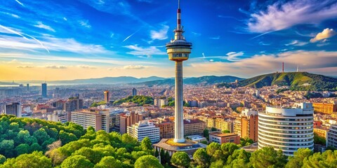 Fototapeta premium Montjuic Communications Tower: Iconic Architectural Marvel and Symbol of Modern Design in Barcelona, Spain's Skyline