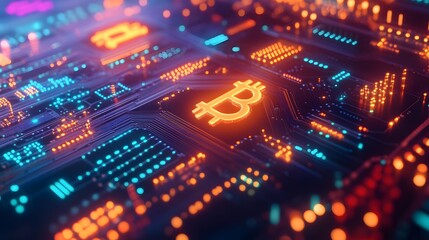 Fototapeta premium A modern digital currency concept with glowing cryptocurrency symbols and circuit board backgrounds