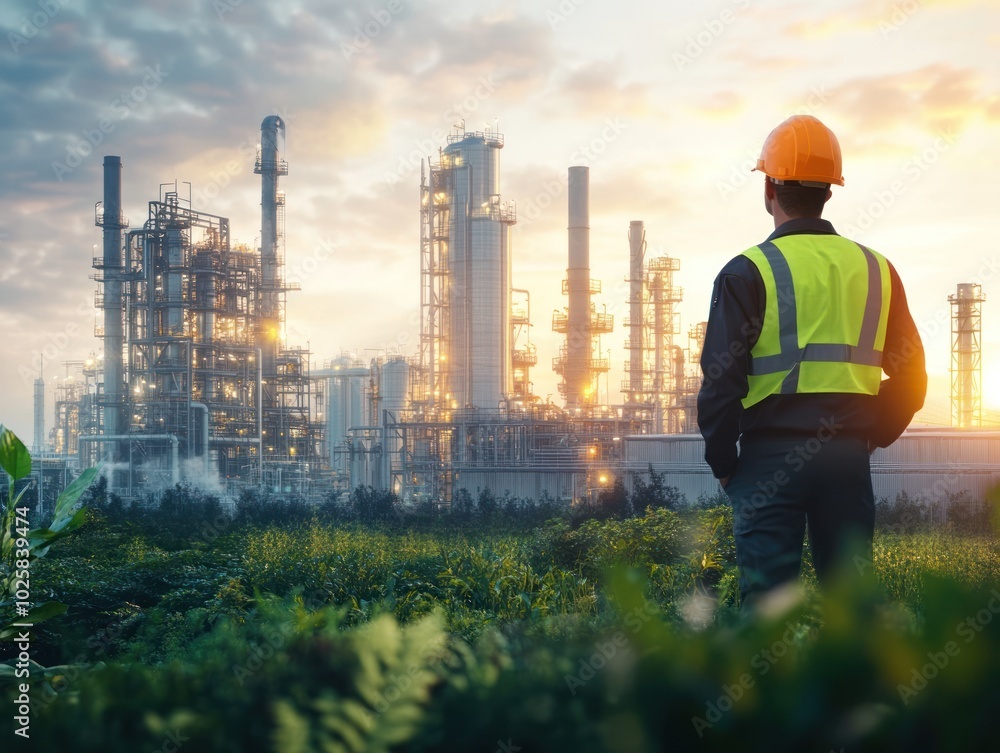 Poster a scene highlighting industry engineers with eco-friendly practices, implementing energy-efficient p