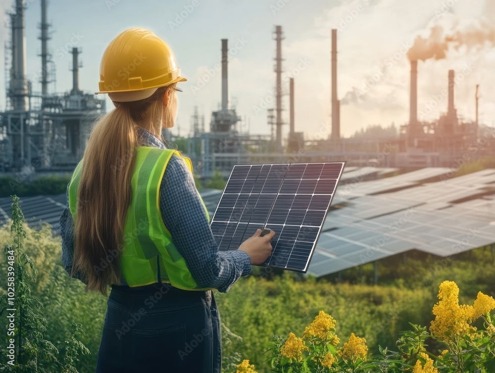 Poster a scene highlighting industry engineers with eco-friendly practices, implementing energy-efficient p