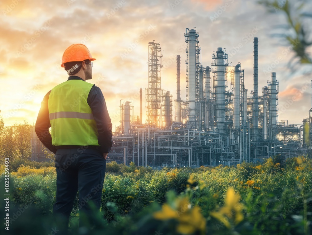 Poster a scene highlighting industry engineers with eco-friendly practices, implementing energy-efficient p