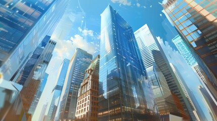 Fototapeta premium An Upward View of Skyscrapers Reflecting the Sky and Clouds