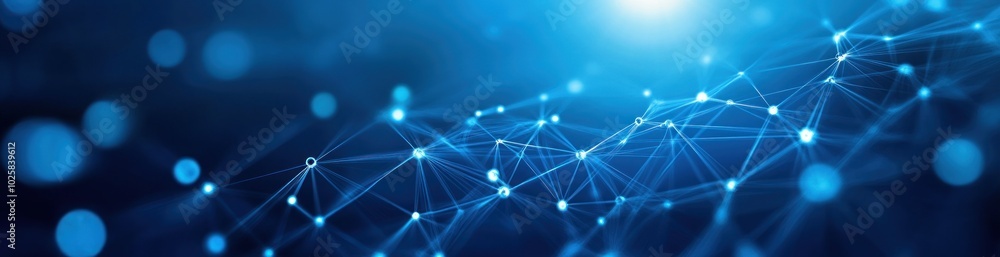 Poster abstract blue background with connected network lines and bright bokeh lights.