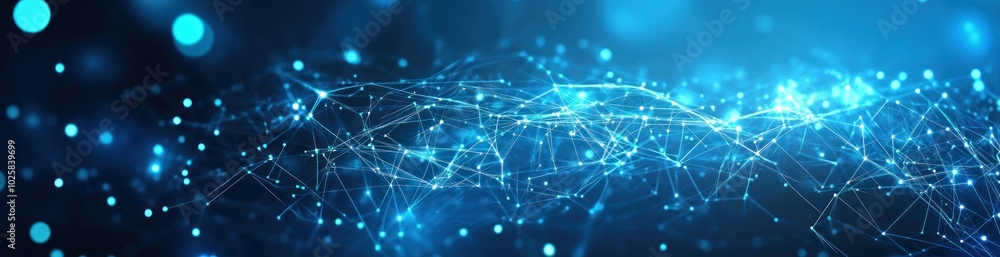 Poster abstract blue background with glowing particles and lines, digital technology, network connection co