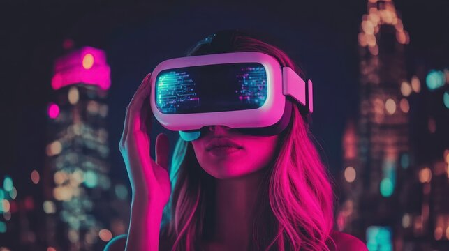 Woman Wearing VR Headset in a Neon City at Night