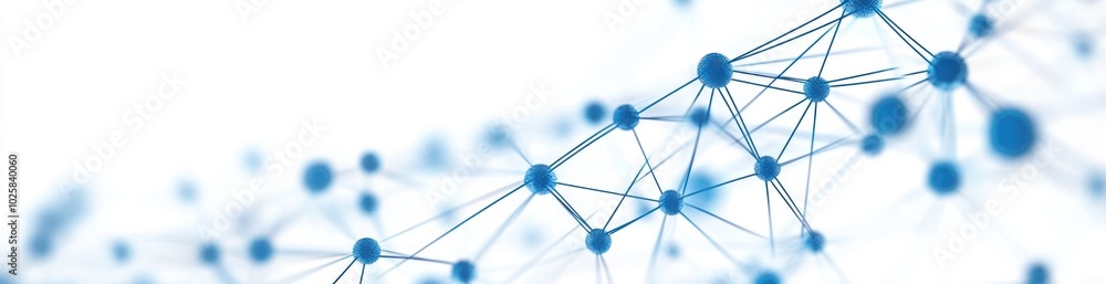 Poster abstract digital network connection with blue dots connected by lines on a white background.