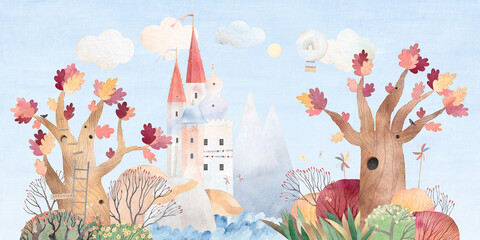 Cute watercolor landscape. Autumn forest, hils, fairy tale castle and blue sky. Adventure background.