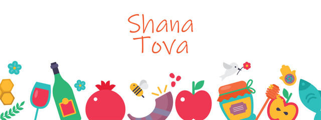 Obraz premium Jewish holiday Rosh Hashanah holiday greeting card design. White background. Hebrew text 