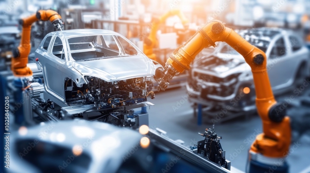 Poster robotic arm assembling an unpainted car body in a factory