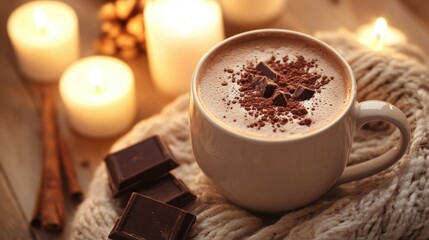 A serene scene of hot chocolate for mental health and relaxation, featuring a calm setting with candles, soft music, and a mug of rich cocoa, promoting relaxation and mindfulness