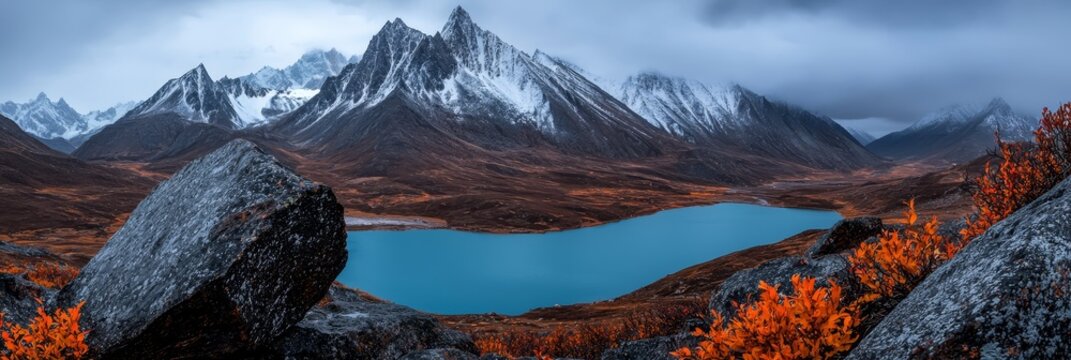  A mountain range backs a serene lake, dotted with orange trees in the foreground