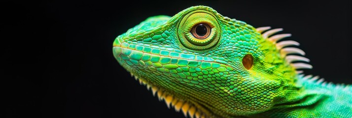 Obraz premium A tight shot of a green chameleon against a black backdrop, with an out-of-focus chameleon silhouette in the background
