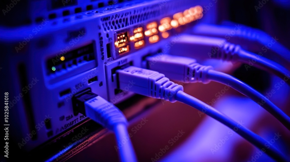 Poster close-up of blue network cables connected to a server