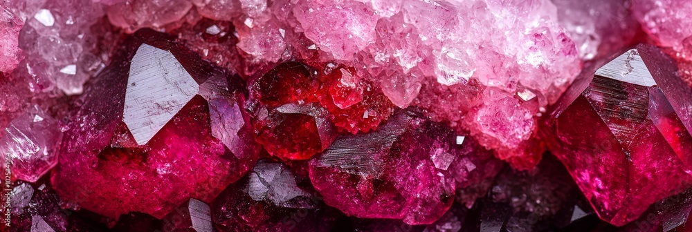 Poster  A collection of rose-hued crystals resting atop a mound of pink stones, adorned with water beads