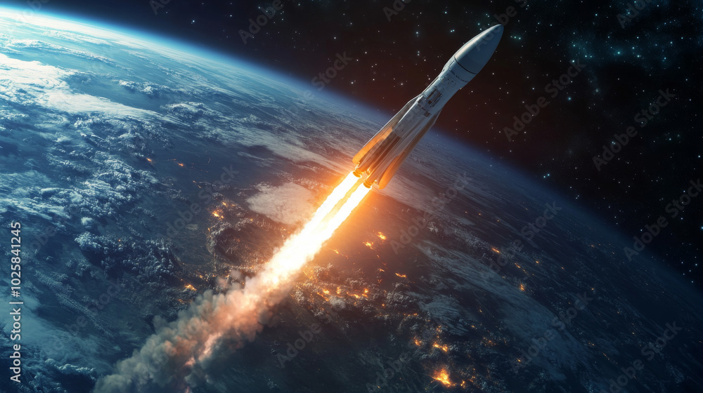 Poster powerful rockets launch into space. the rocket parts separate. one part comes back to earth for reus