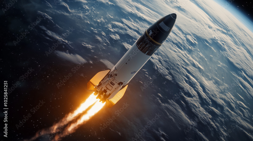 Poster powerful rockets launch into space. the rocket parts separate. one part comes back to earth for reus