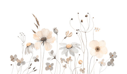 Cute watercolor flowers horizontal border isolated on white background. Illustration for card, border, banner or your other design.