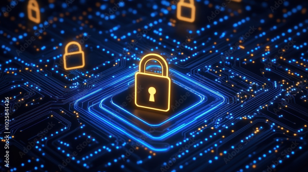 Poster glowing padlock symbol on a circuit board