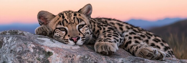  A cat closely perched atop a rock by a water body, with mountains framing the backdrop