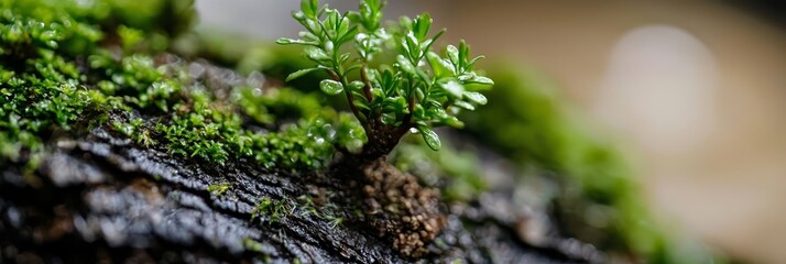  A tight shot of a small plant sprouting from a tree trunk's bark, encircled by moss