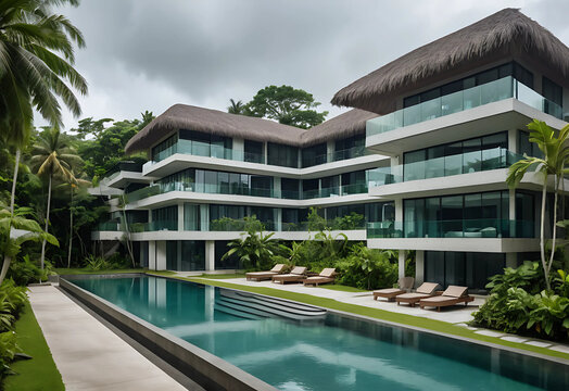 A modern tropical resort condo with glass and concrete design, lush greenery, thatched-roof villas, and a blue pool beneath an overcast sky.