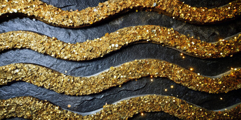 Wavy bands of shimmering gold glitter contrast against a dark, textured background. The gold elements catch the light, adding a sense of luxury and elegance to the scene with copy space. AI generated.