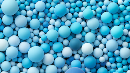 Many ocean blue bright color random soft balls background. Colorful balloons wall decoration of a children's festival. Huge pile of blue smooth gradient balls in various sizes. Vector background