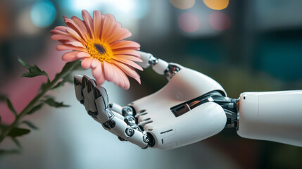 AI can help us learn and grow. Imagine a robot hand holding a flower, symbolizing the knowledge AI brings. This represents how AI is changing software development and online communication.