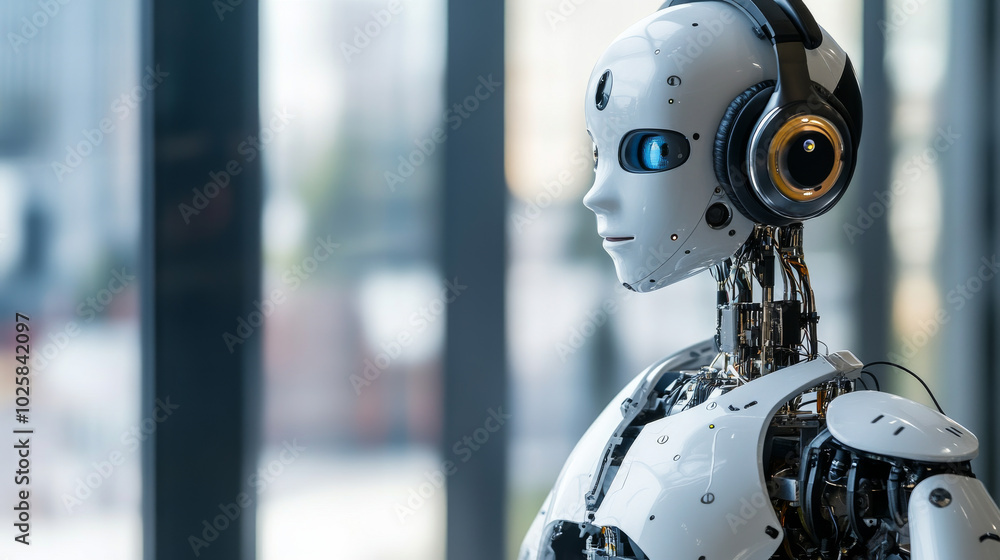 Poster a robot with headphones and a microphone is ready to answer your questions. this could be a virtual 
