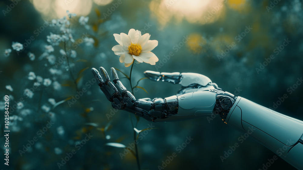 Poster ai can help us learn and grow. imagine a robot hand holding a flower, symbolizing the knowledge ai b
