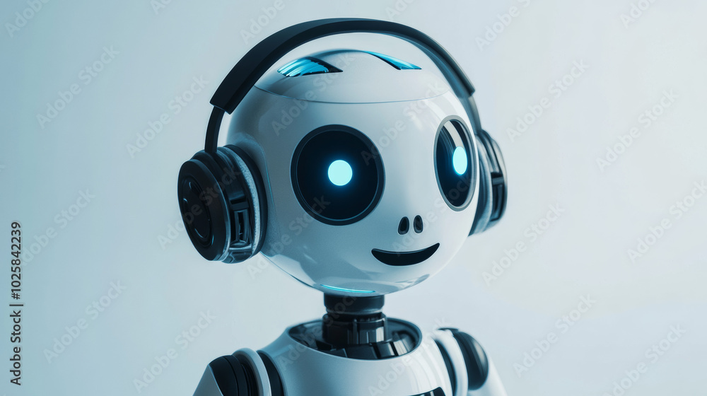 Poster a robot with headphones and a microphone is ready to answer your questions. this could be a virtual 