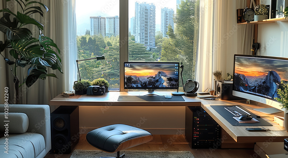 Poster the computer desk having laptop, mouse and tech accessories.