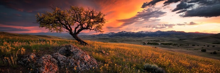 Obraz premium A solitary tree atop a verdant hillside, against a backdrop of a colorful sky with clouds and mountains