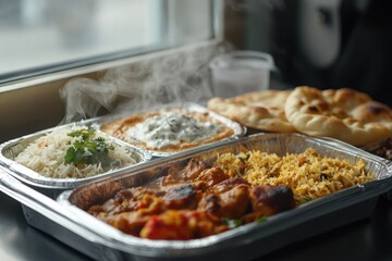 A steaming plate of Indian food takeout, with neatly packed containers of biryani, butter chicken, naan, and raita, ready for delivery