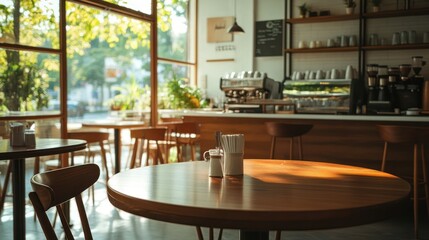 Fototapeta premium A stylish coffee shop background with featuring recycled furniture, eco-friendly materials, and natural elements like bamboo and wooden textures, emphasizing environmental consciousness