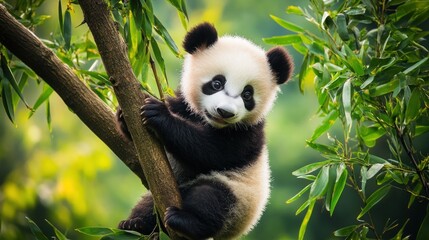 Obraz premium A cute panda cub sits on a branch in a tree, looking at the camera with a playful expression.