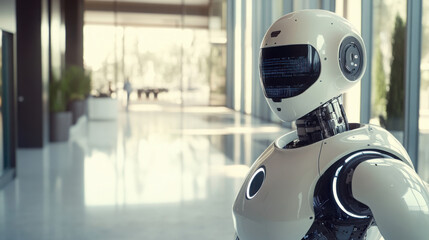 Advanced AI robot in a modern, minimalistic office space, sleek design with soft natural light and high-tech ambiance