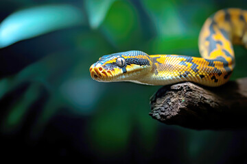 Obraz premium A vibrant snake resting on a branch, showcasing its stunning colors in a lush, green environment, perfect for wildlife enthusiasts.