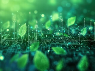 A sustainable data technology background, incorporating green tech elements like renewable energy icons and eco-friendly data systems, with shades of green and blue representing clean technology