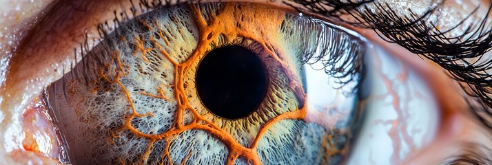  A tight shot of an eye's iris, revealing its intricate structure