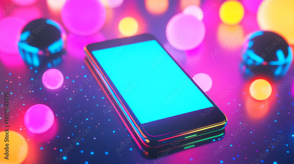 Poster a phone with a blank screen rests on a table. it's a realistic drawing with colorful neon shapes in 