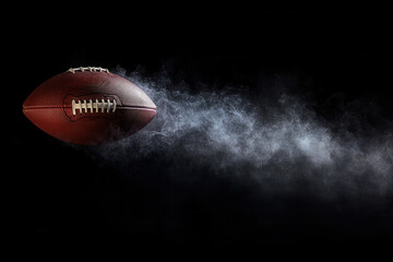 A football is flying through the air with smoke trailing behind it