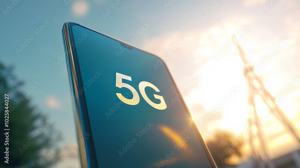 Poster a smartphone displays a 5g symbol on its screen, indicating a fast internet connection. the backgrou