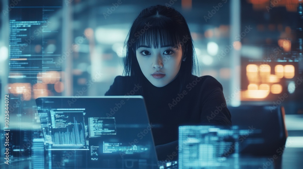 Poster a tech-focused asian person in tech-related jobs, showcasing the subject working in a modern tech en